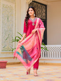 Hand Embroidered Kurta With Pant & Printed Organza Dupatta, Pink - Hiral Fashion | Grocsy