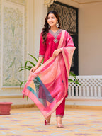 Hand Embroidered Kurta With Pant & Printed Organza Dupatta, Pink - Hiral Fashion | Grocsy