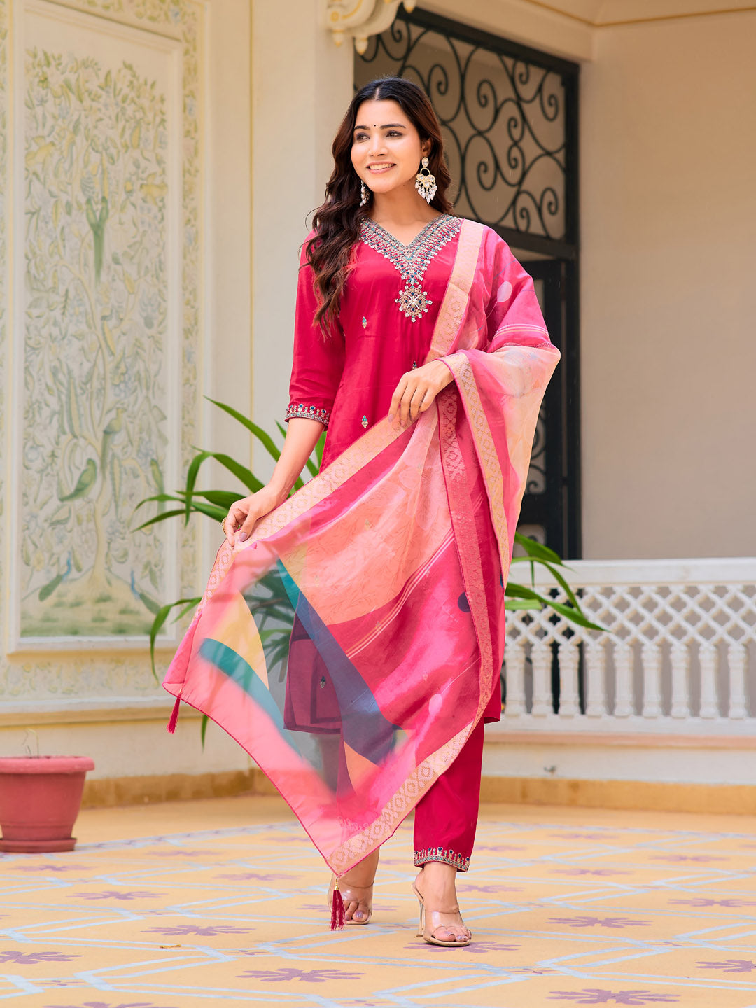 Hand Embroidered Kurta With Pant & Printed Organza Dupatta, Pink - Hiral Fashion | Grocsy