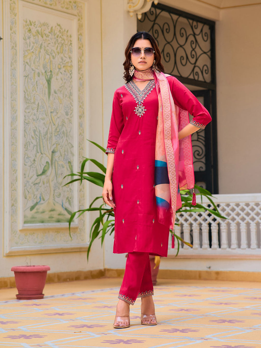 Hand Embroidered Kurta With Pant & Printed Organza Dupatta, Pink - Hiral Fashion | Grocsy