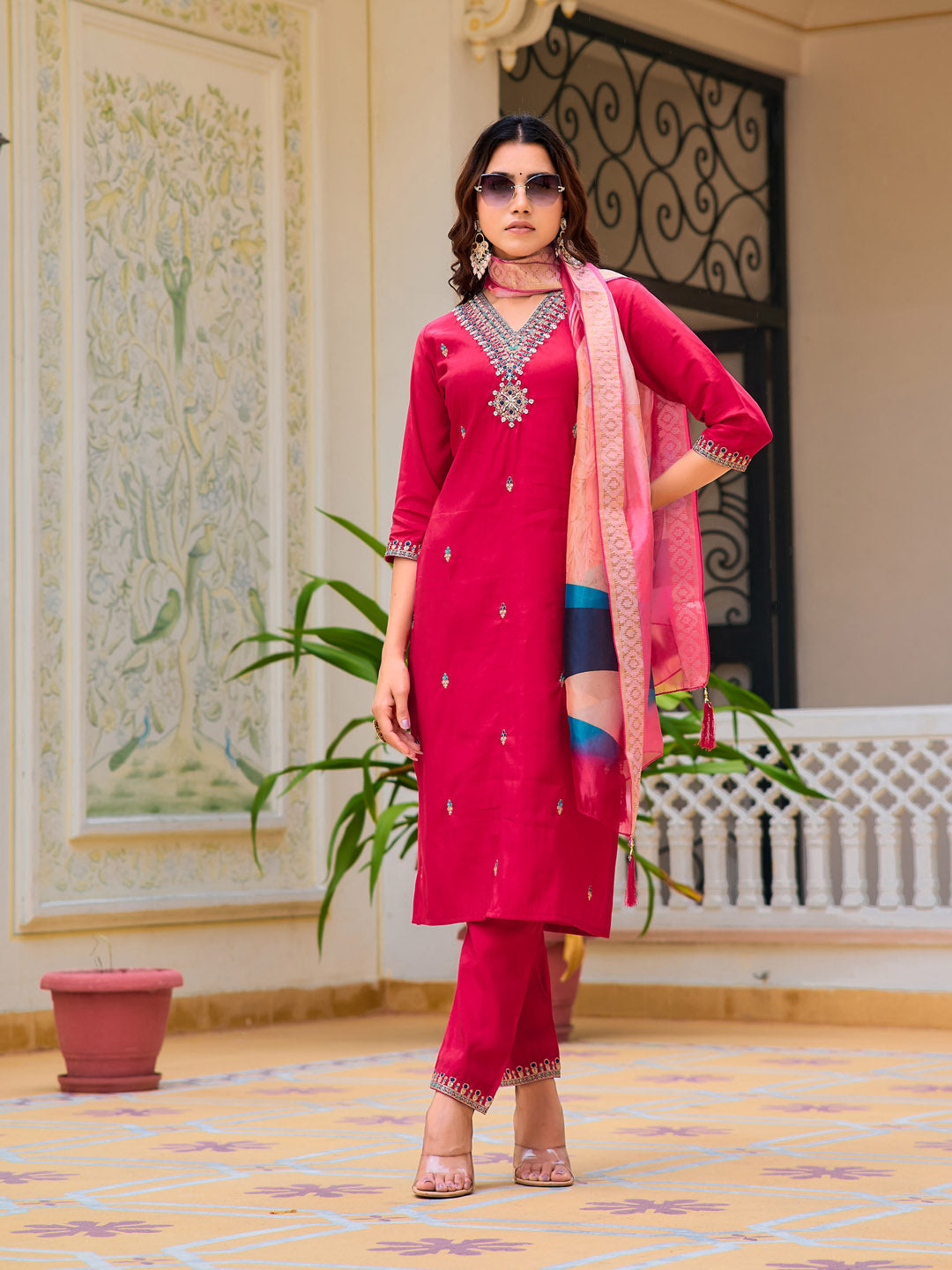 Hand Embroidered Kurta With Pant & Printed Organza Dupatta, Pink - Hiral Fashion | Grocsy