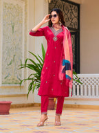 Hand Embroidered Kurta With Pant & Printed Organza Dupatta, Pink - Hiral Fashion | Grocsy