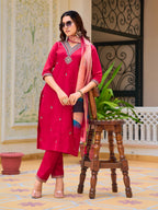 Hand Embroidered Kurta With Pant & Printed Organza Dupatta, Pink - Hiral Fashion | Grocsy