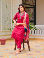 Hand Embroidered Kurta With Pant & Printed Organza Dupatta, Pink - Hiral Fashion | Grocsy
