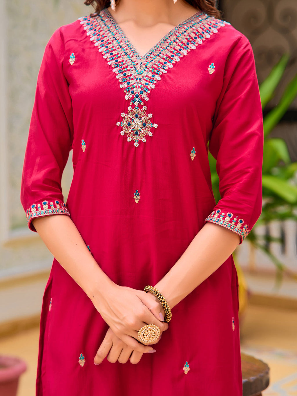 Hand Embroidered Kurta With Pant & Printed Organza Dupatta, Pink - Hiral Fashion | Grocsy