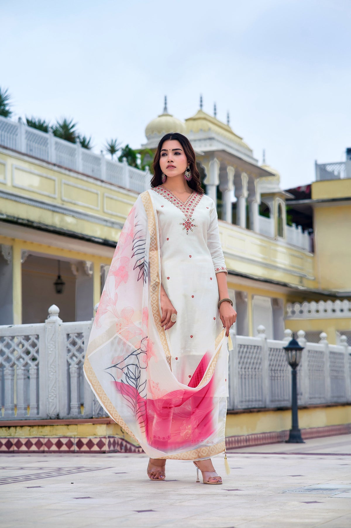 Embroidered Kurta With Pant & Printed Organza Dupatta, White - Hiral Fashion | Grocsy