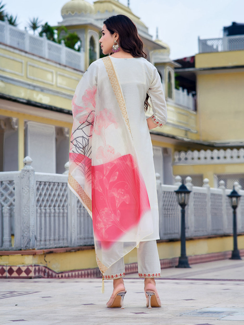 Embroidered Kurta With Pant & Printed Organza Dupatta, White - Hiral Fashion | Grocsy