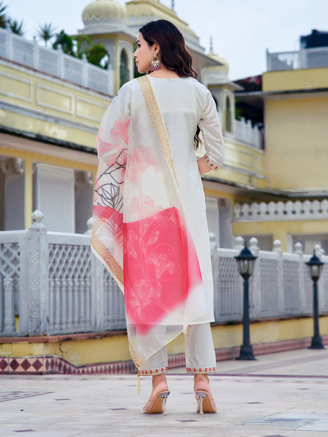 Embroidered Kurta With Pant & Printed Organza Dupatta, White - Hiral Fashion | Grocsy