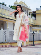 Embroidered Kurta With Pant & Printed Organza Dupatta, White - Hiral Fashion | Grocsy
