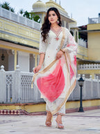 Embroidered Kurta With Pant & Printed Organza Dupatta, White - Hiral Fashion | Grocsy