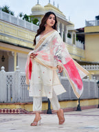 Embroidered Kurta With Pant & Printed Organza Dupatta, White - Hiral Fashion | Grocsy