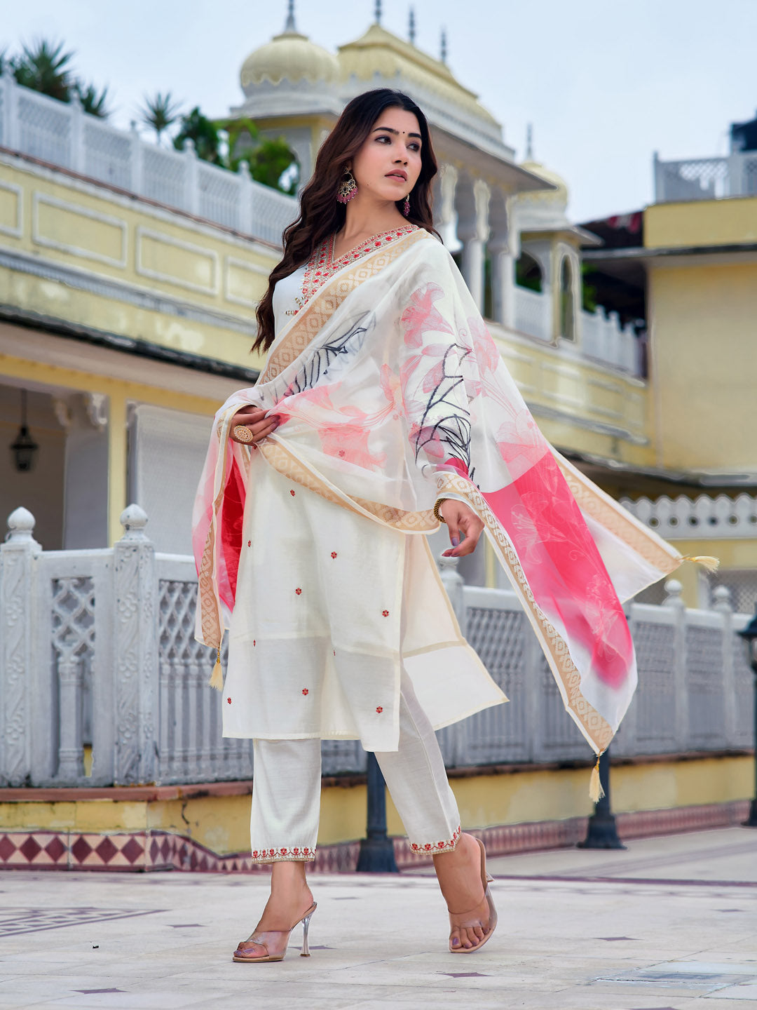 Embroidered Kurta With Pant & Printed Organza Dupatta, White - Hiral Fashion | Grocsy