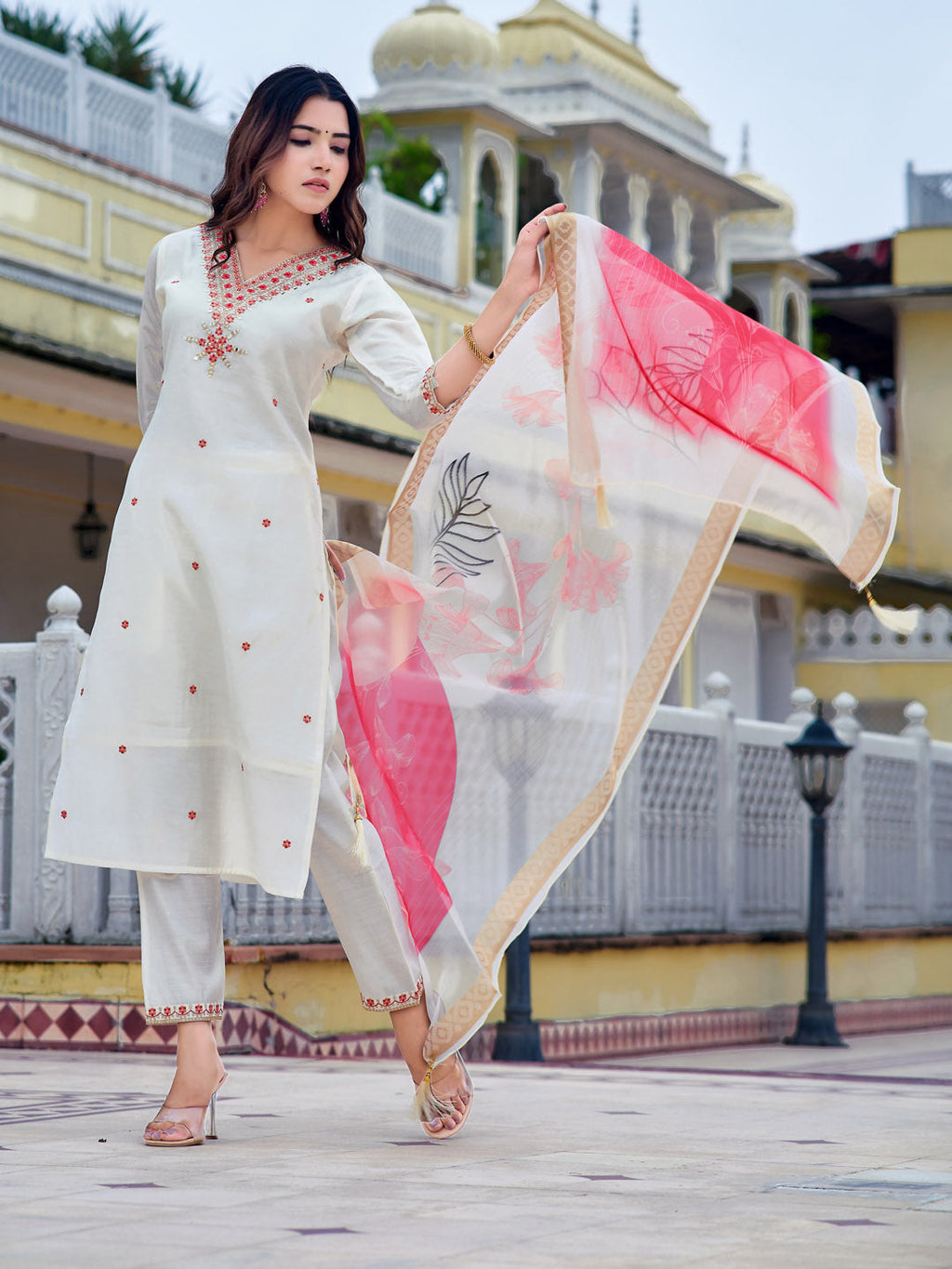 Embroidered Kurta With Pant & Printed Organza Dupatta, White - Hiral Fashion | Grocsy