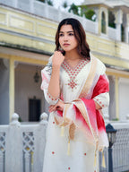 Embroidered Kurta With Pant & Printed Organza Dupatta, White - Hiral Fashion | Grocsy