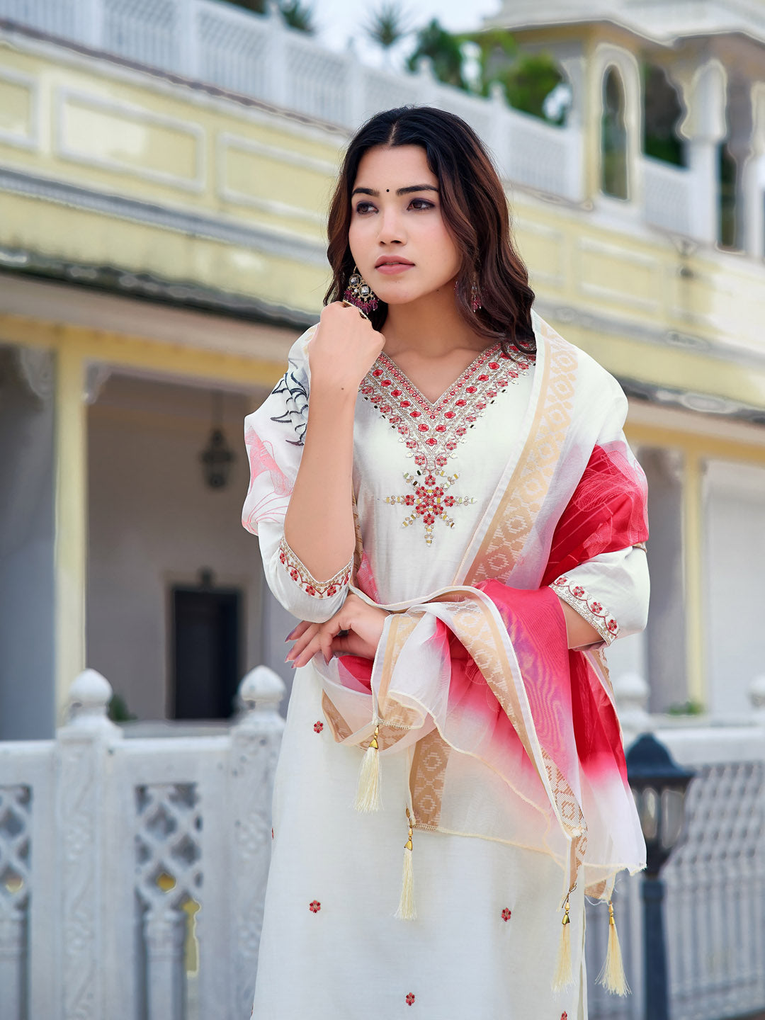 Embroidered Kurta With Pant & Printed Organza Dupatta, White - Hiral Fashion | Grocsy