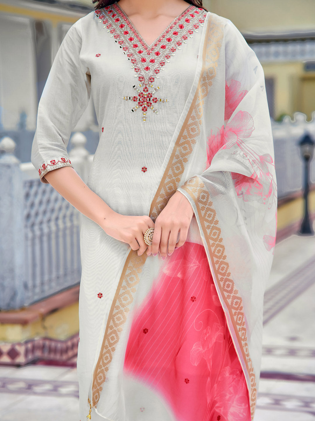 Embroidered Kurta With Pant & Printed Organza Dupatta, White - Hiral Fashion | Grocsy