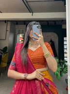 Vastranavya Floral Print With Foil Print Tussar Silk Lehenga with Unstitched Blouse - Mustard | Grocsy