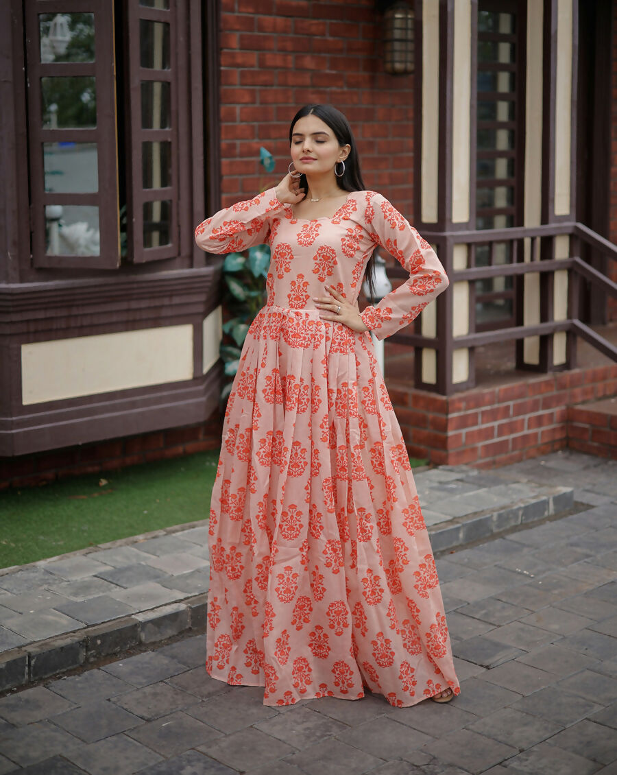 Aayaa Pure Chanderi Gown With Heavy Digital Print - Multi Color | Grocsy