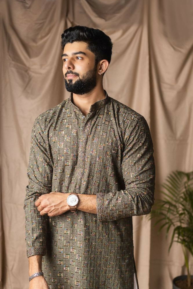 Mehandi Green Rayon Thread Embroidery Work Kurta Set - Mahotsav | Grocsy