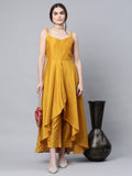 Ahalyaa Women Mustard Poly Silk Gold-Toned Printed Kurta With Trousers | Grocsy