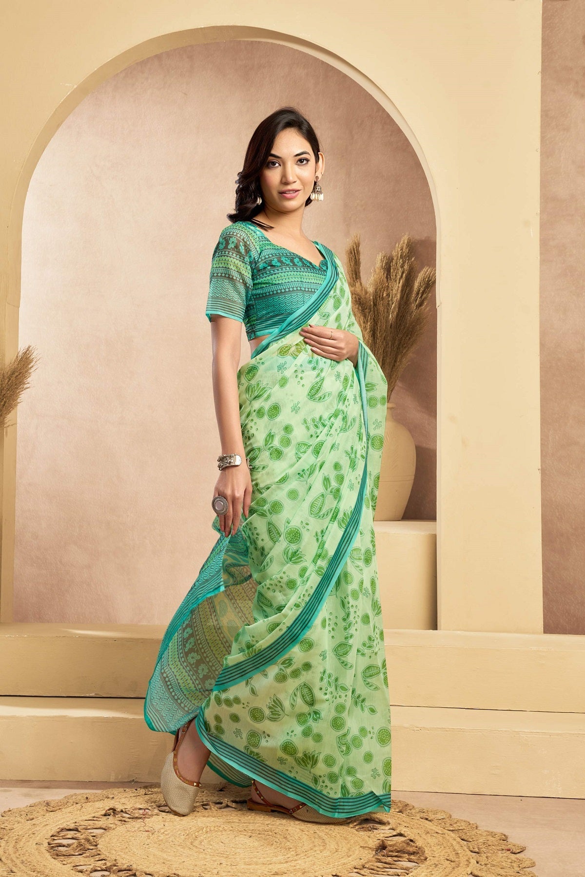 Dwija Fashion Green Party Wear Printed Linen Ready To Wear Saree With Unstitched Blouse | Grocsy