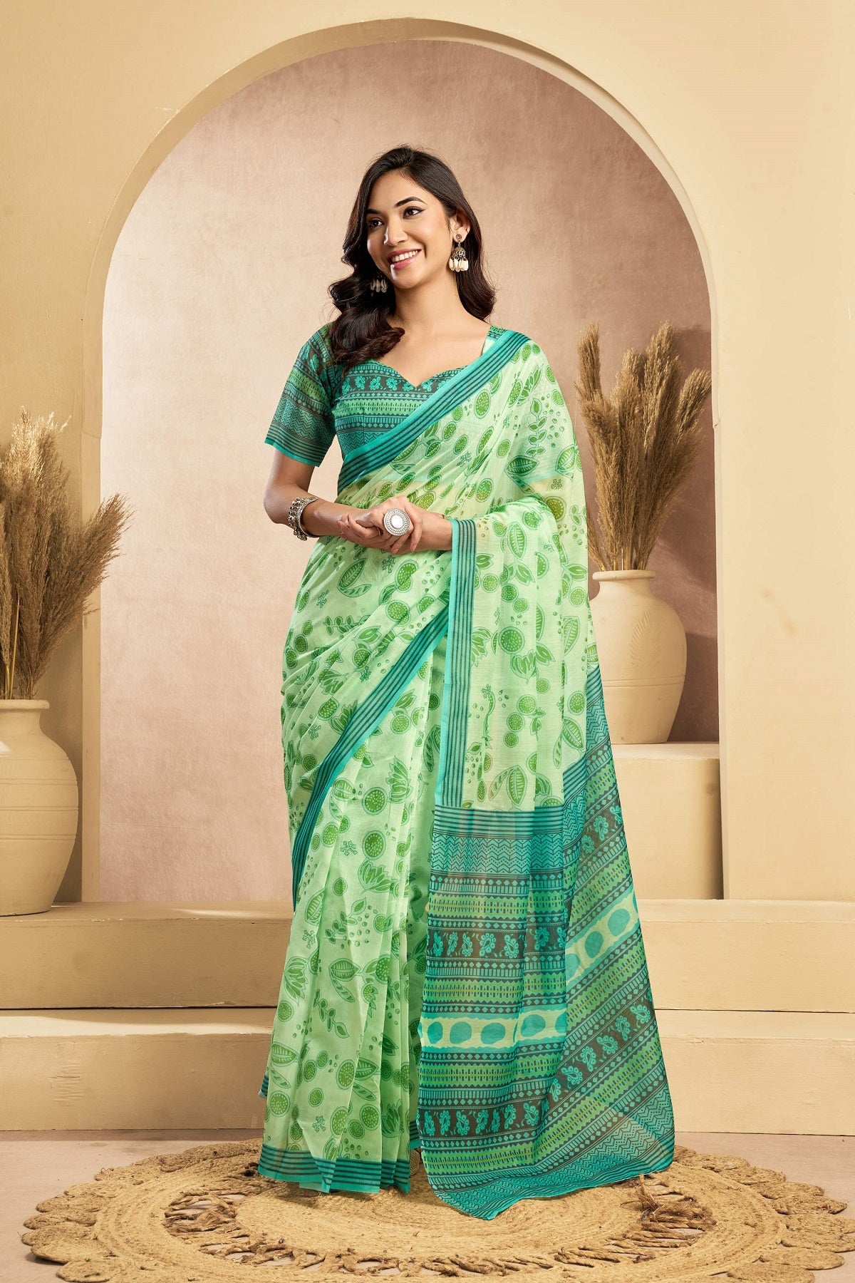 Dwija Fashion Green Party Wear Printed Linen Ready To Wear Saree With Unstitched Blouse | Grocsy