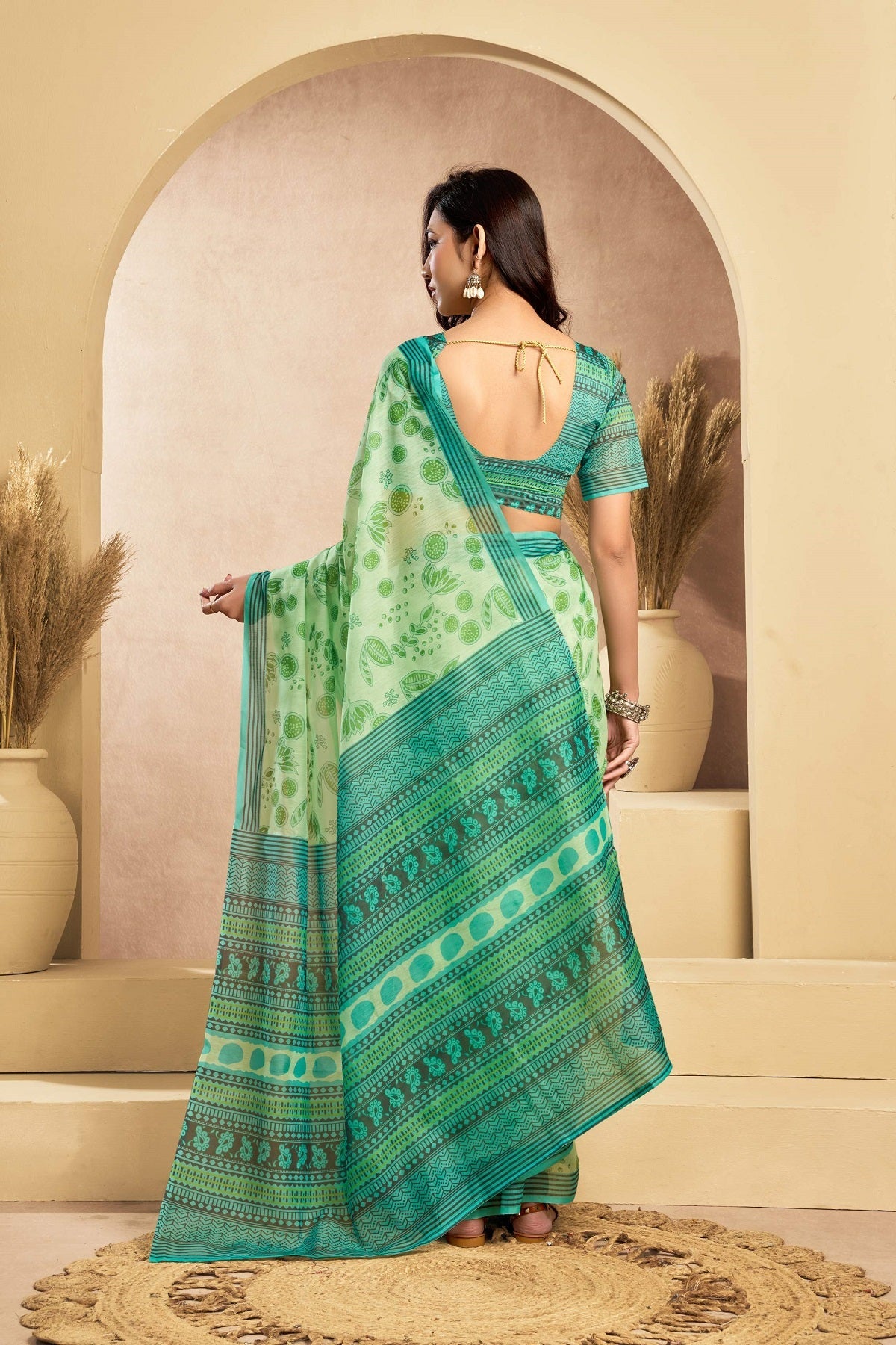 Dwija Fashion Green Party Wear Printed Linen Ready To Wear Saree With Unstitched Blouse | Grocsy