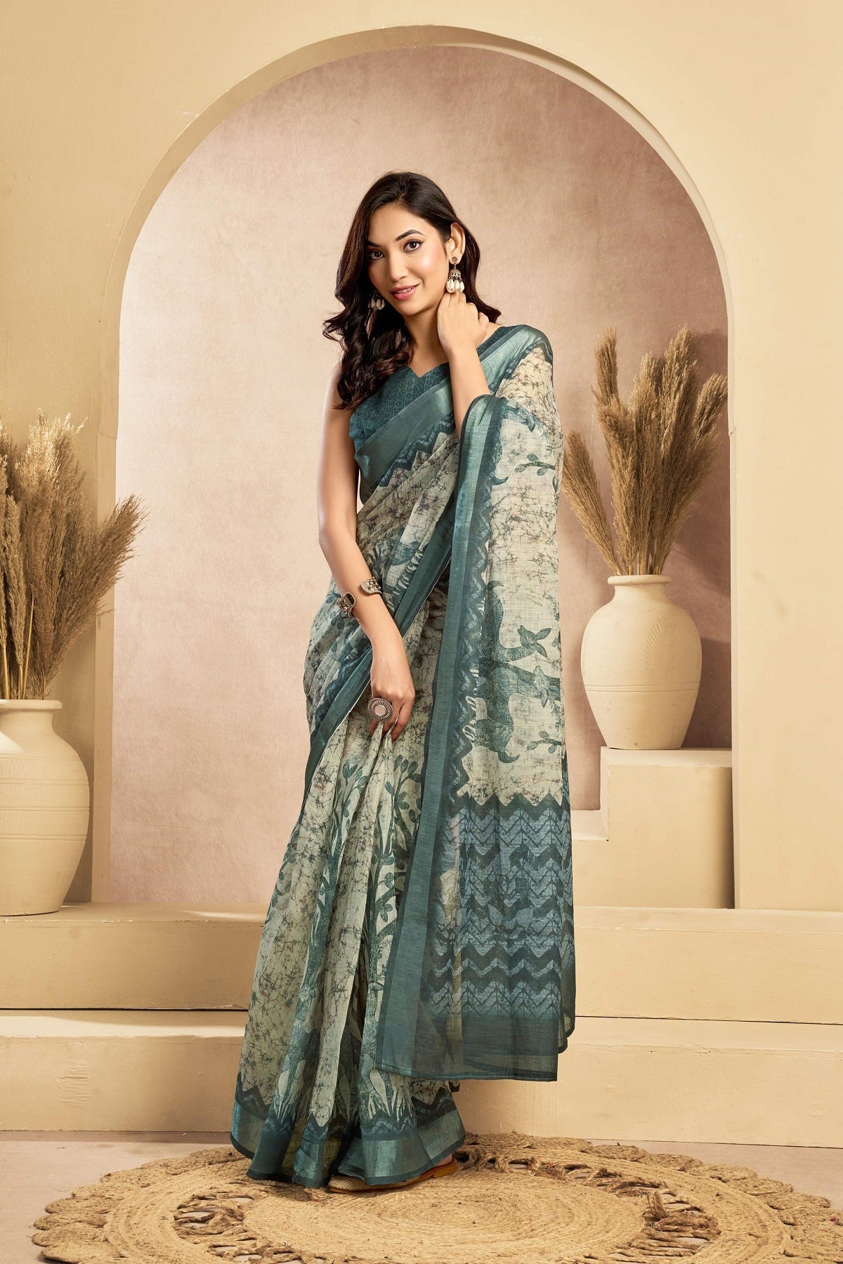 Dwija Fashion Sage Gree Party Wear Printed Linen Ready To Wear Saree With Unstitched Blouse | Grocsy
