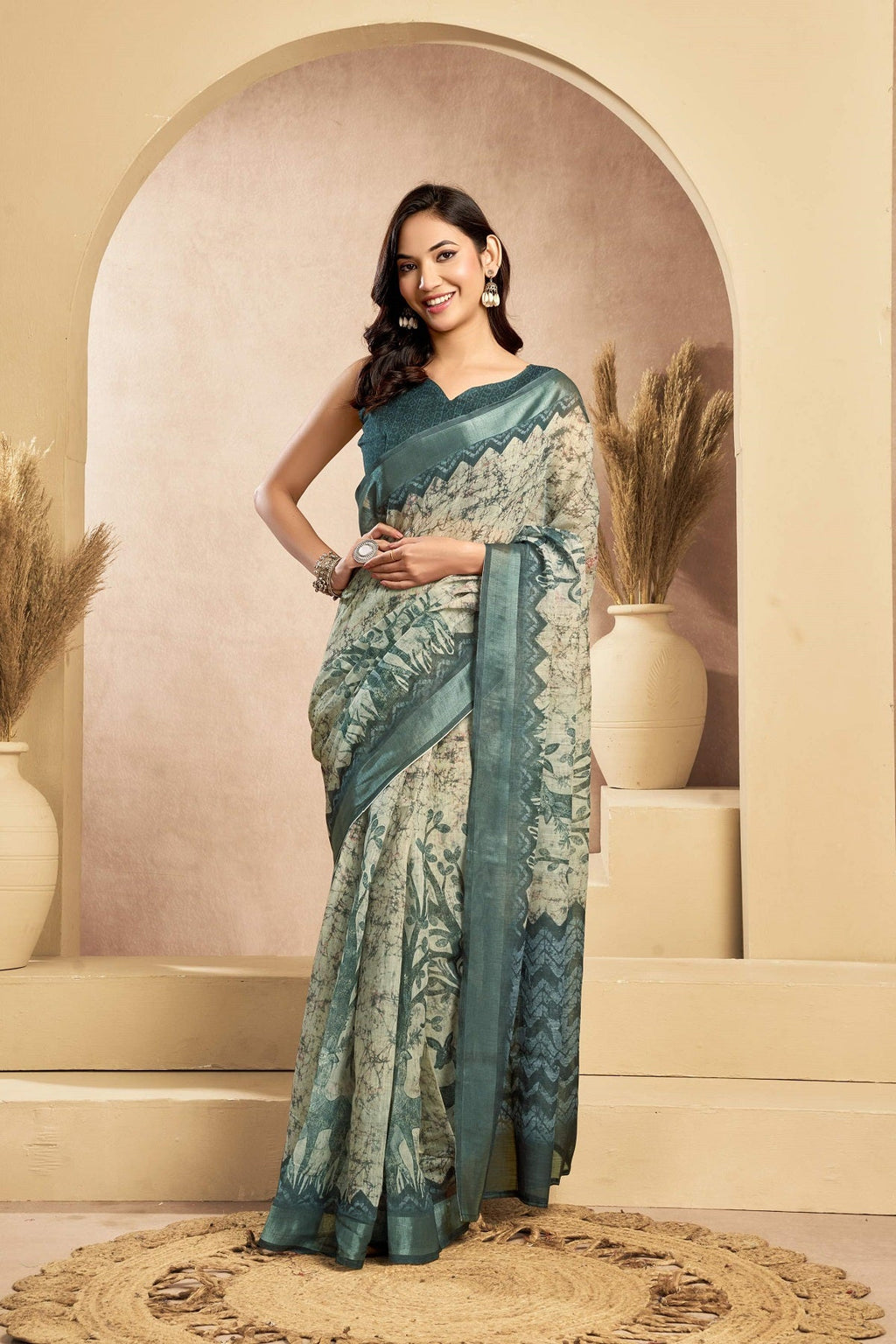 Dwija Fashion Sage Gree Party Wear Printed Linen Ready To Wear Saree With Unstitched Blouse | Grocsy