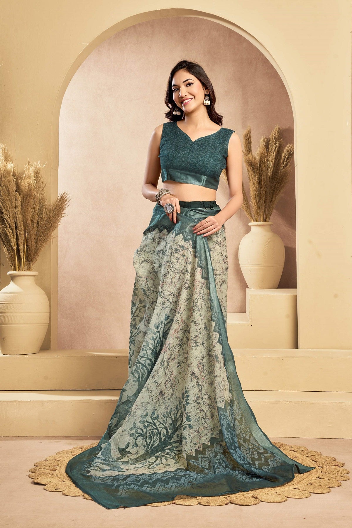 Dwija Fashion Sage Gree Party Wear Printed Linen Ready To Wear Saree With Unstitched Blouse | Grocsy