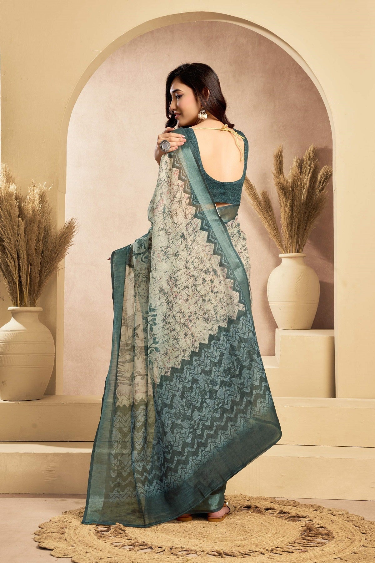 Dwija Fashion Sage Gree Party Wear Printed Linen Ready To Wear Saree With Unstitched Blouse | Grocsy