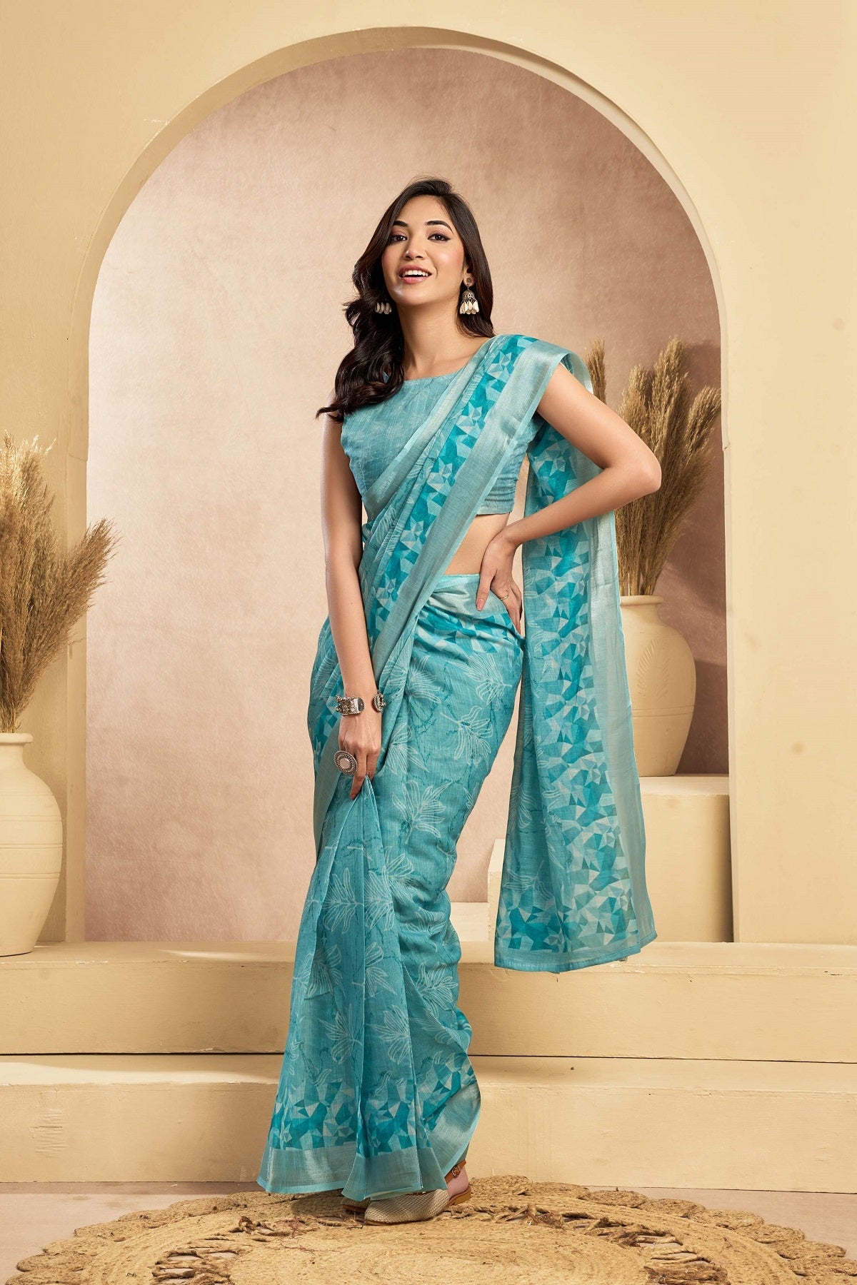 Dwija Fashion Turquoise Blue Party Wear Printed Linen Ready To Wear Saree With Unstitched Blouse | Grocsy