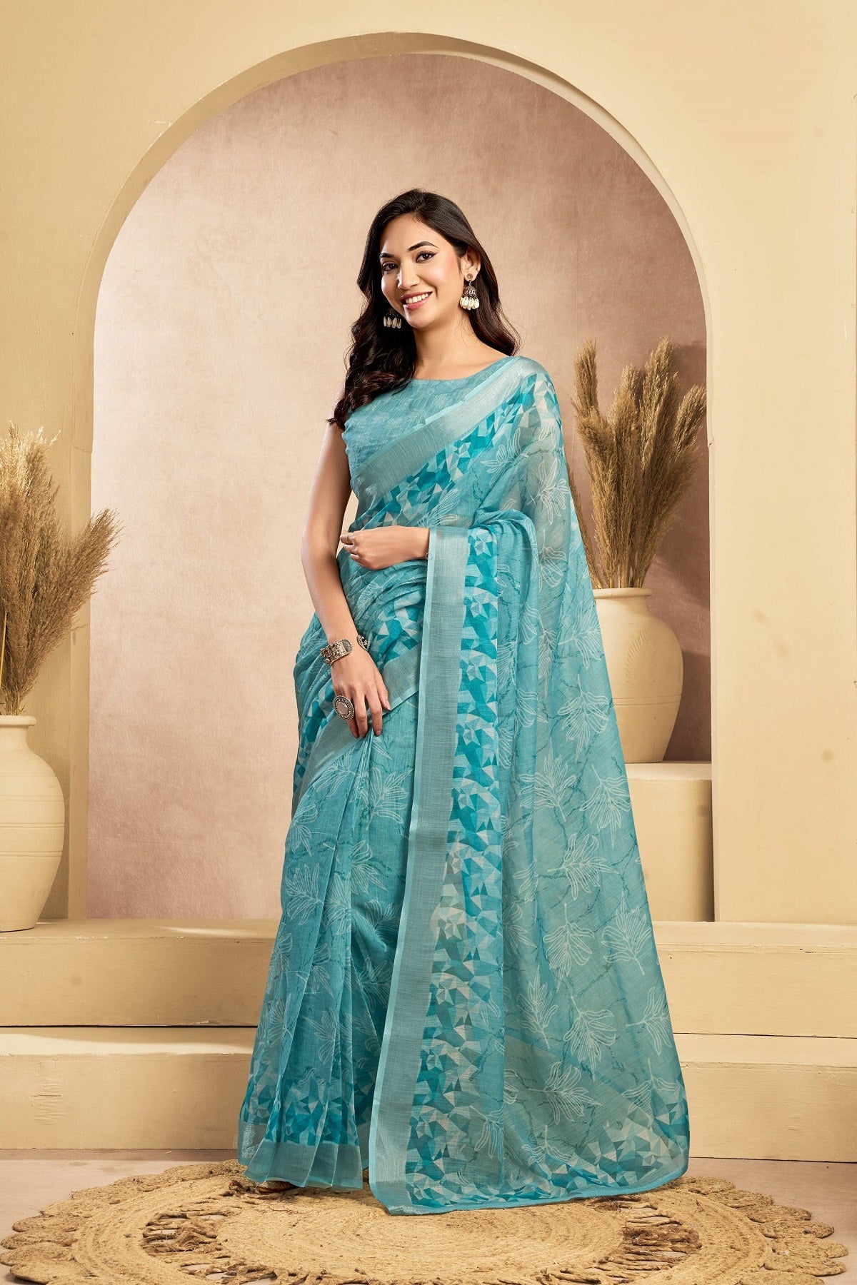Dwija Fashion Turquoise Blue Party Wear Printed Linen Ready To Wear Saree With Unstitched Blouse | Grocsy