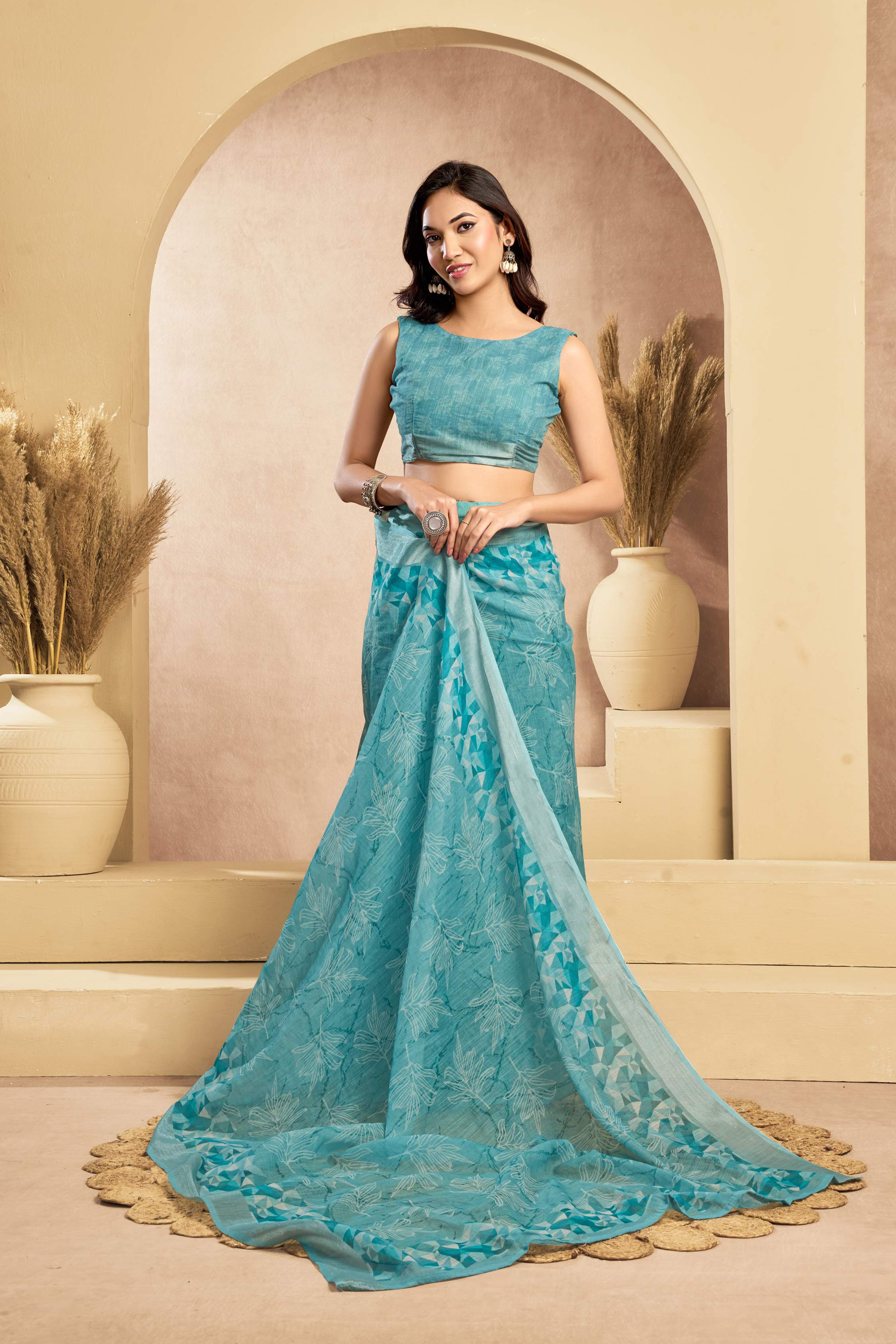 Dwija Fashion Turquoise Blue Party Wear Printed Linen Ready To Wear Saree With Unstitched Blouse | Grocsy