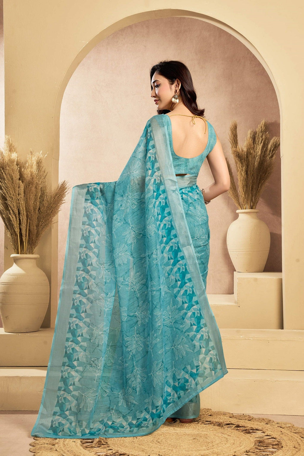 Dwija Fashion Turquoise Blue Party Wear Printed Linen Ready To Wear Saree With Unstitched Blouse | Grocsy