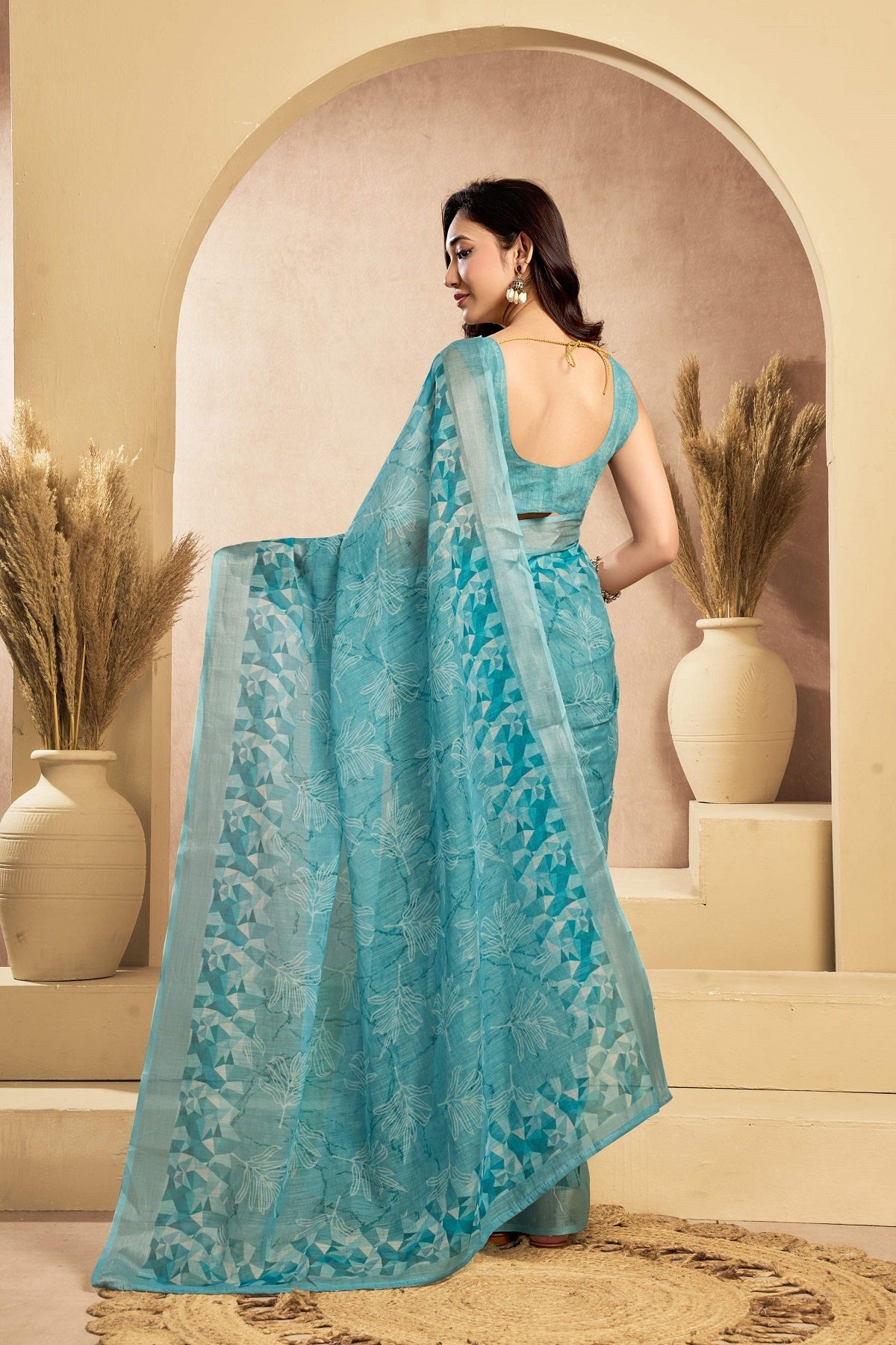 Dwija Fashion Turquoise Blue Party Wear Printed Linen Ready To Wear Saree With Unstitched Blouse | Grocsy
