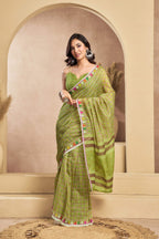 Dwija Fashion Mint Green Party Wear Printed Linen Ready To Wear Saree With Unstitched Blouse | Grocsy