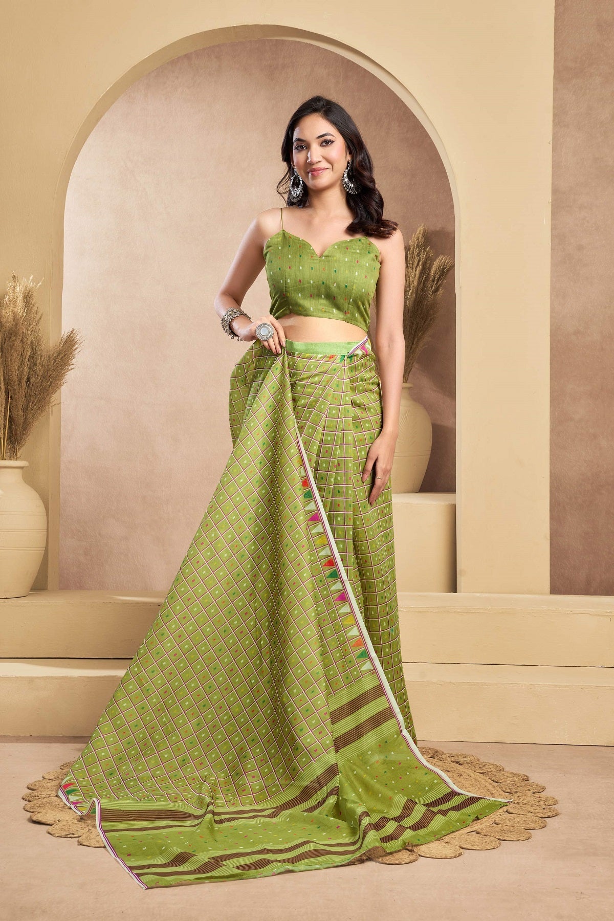 Dwija Fashion Mint Green Party Wear Printed Linen Ready To Wear Saree With Unstitched Blouse | Grocsy