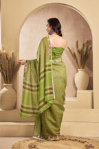 Dwija Fashion Mint Green Party Wear Printed Linen Ready To Wear Saree With Unstitched Blouse | Grocsy