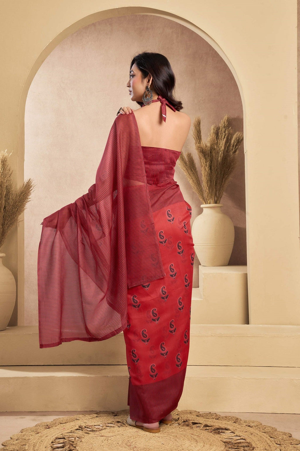Dwija Fashion Maroon Party Wear Printed Linen Ready To Wear Saree With Unstitched Blouse | Grocsy