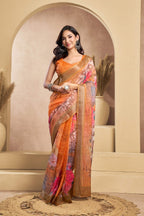 Dwija Fashion Orange Party Wear Printed Linen Ready To Wear Saree With Unstitched Blouse | Grocsy