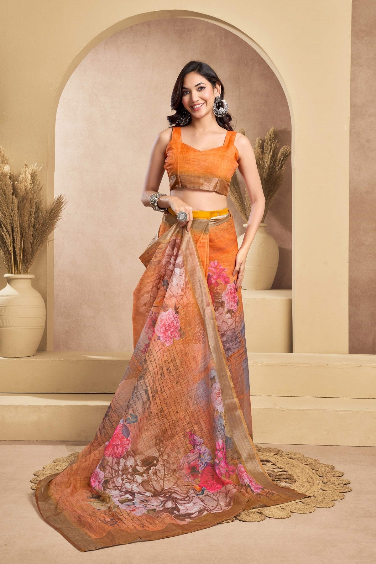 Dwija Fashion Orange Party Wear Printed Linen Ready To Wear Saree With Unstitched Blouse | Grocsy