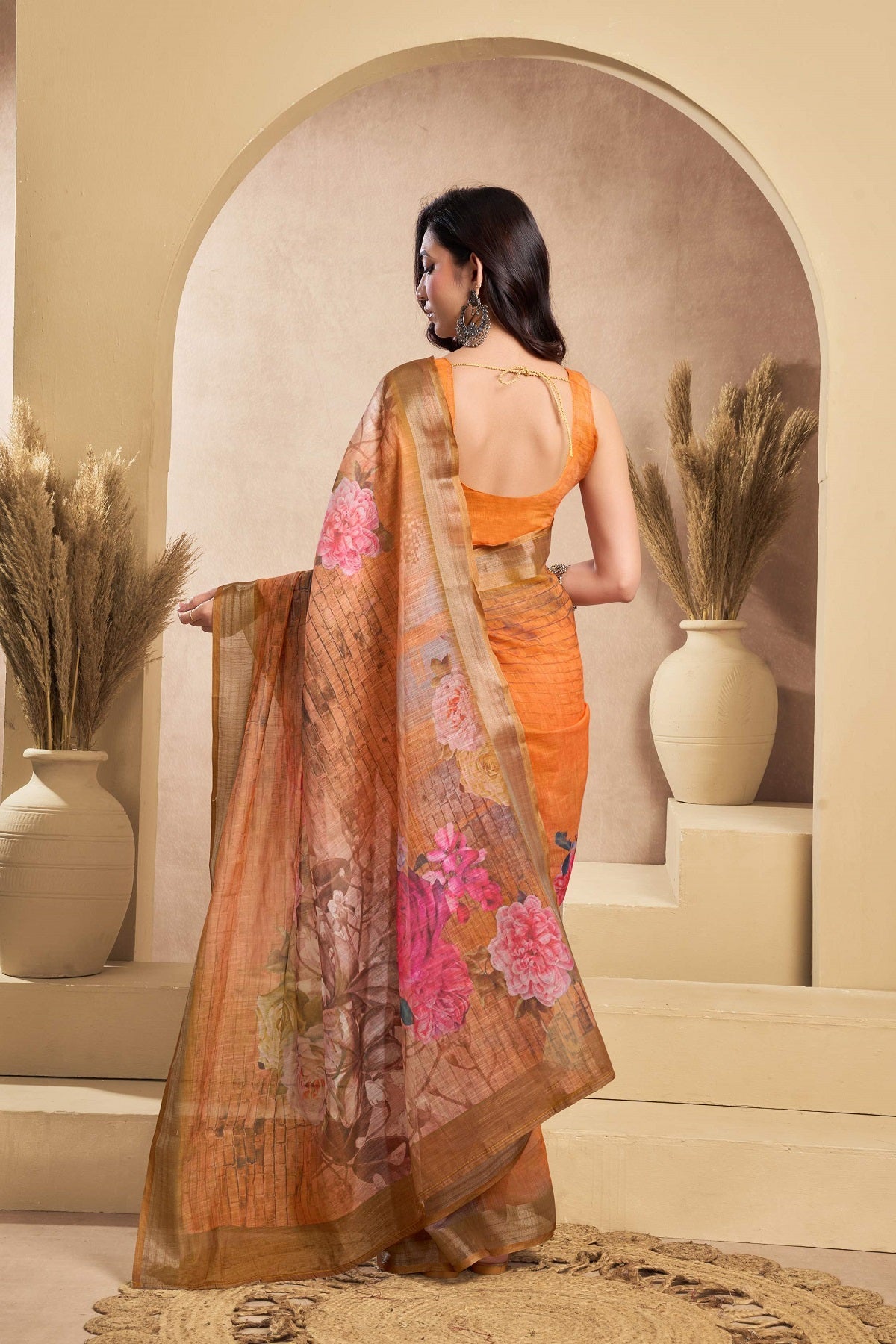 Dwija Fashion Orange Party Wear Printed Linen Ready To Wear Saree With Unstitched Blouse | Grocsy