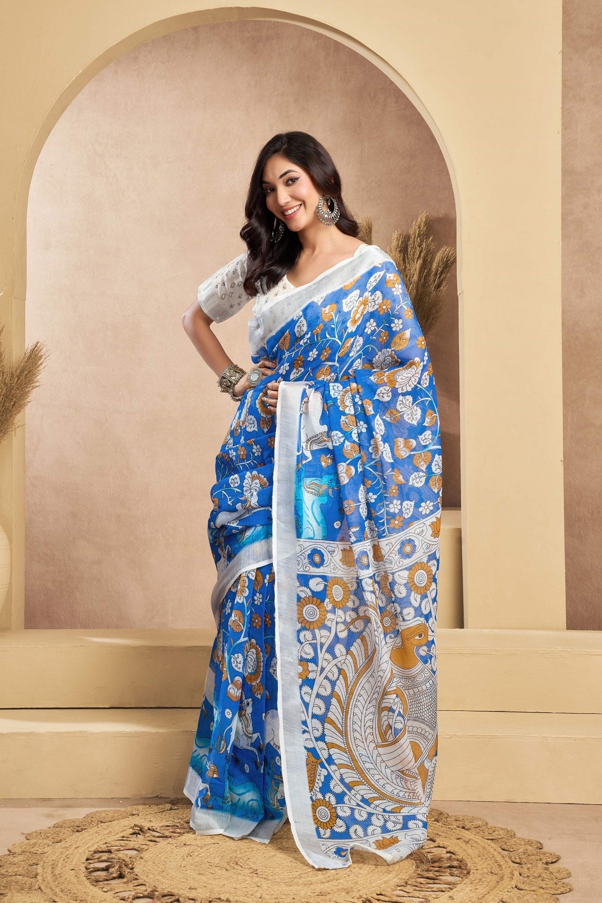 Dwija Fashion Blue Party Wear Printed Linen Ready To Wear Saree With Unstitched Blouse | Grocsy
