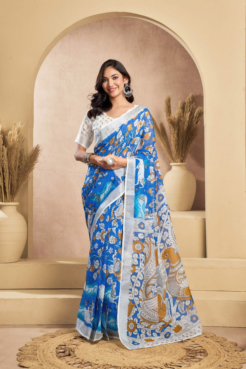 Dwija Fashion Blue Party Wear Printed Linen Ready To Wear Saree With Unstitched Blouse | Grocsy