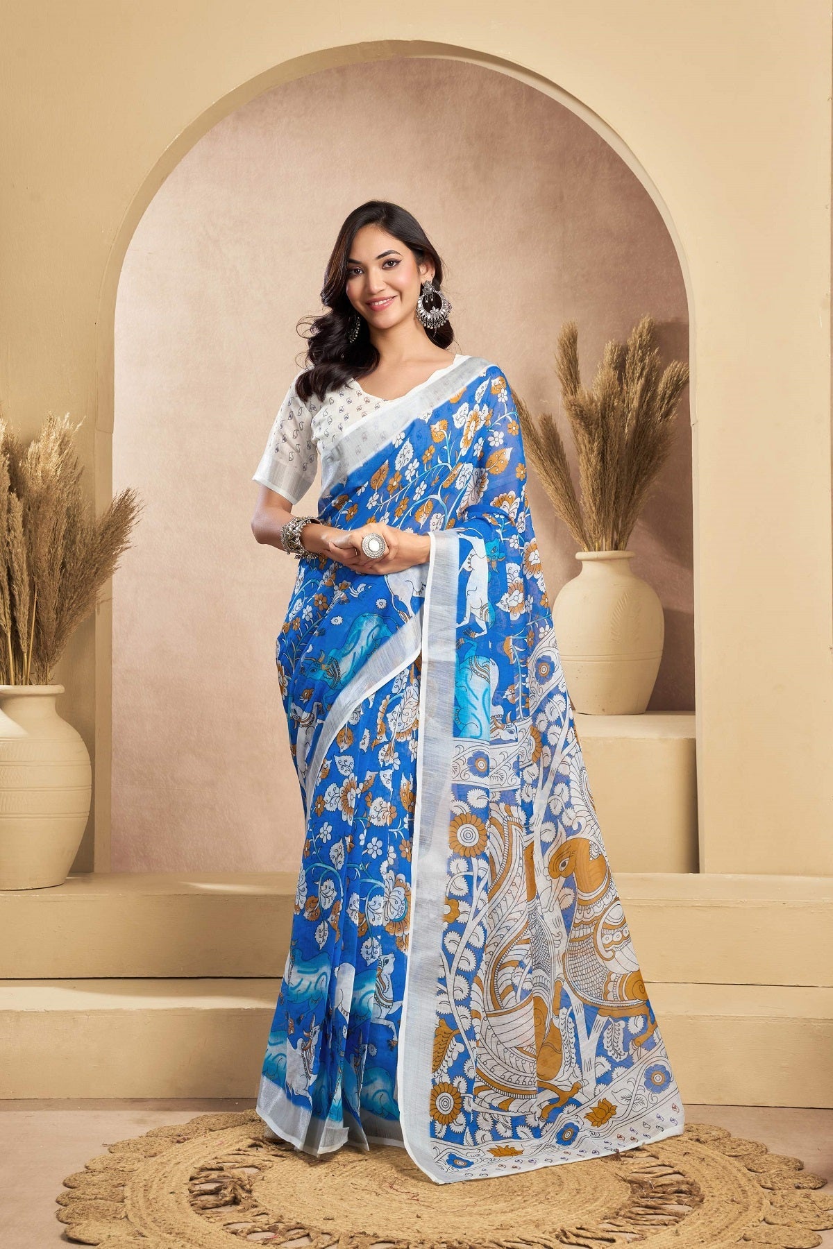 Dwija Fashion Blue Party Wear Printed Linen Ready To Wear Saree With Unstitched Blouse | Grocsy