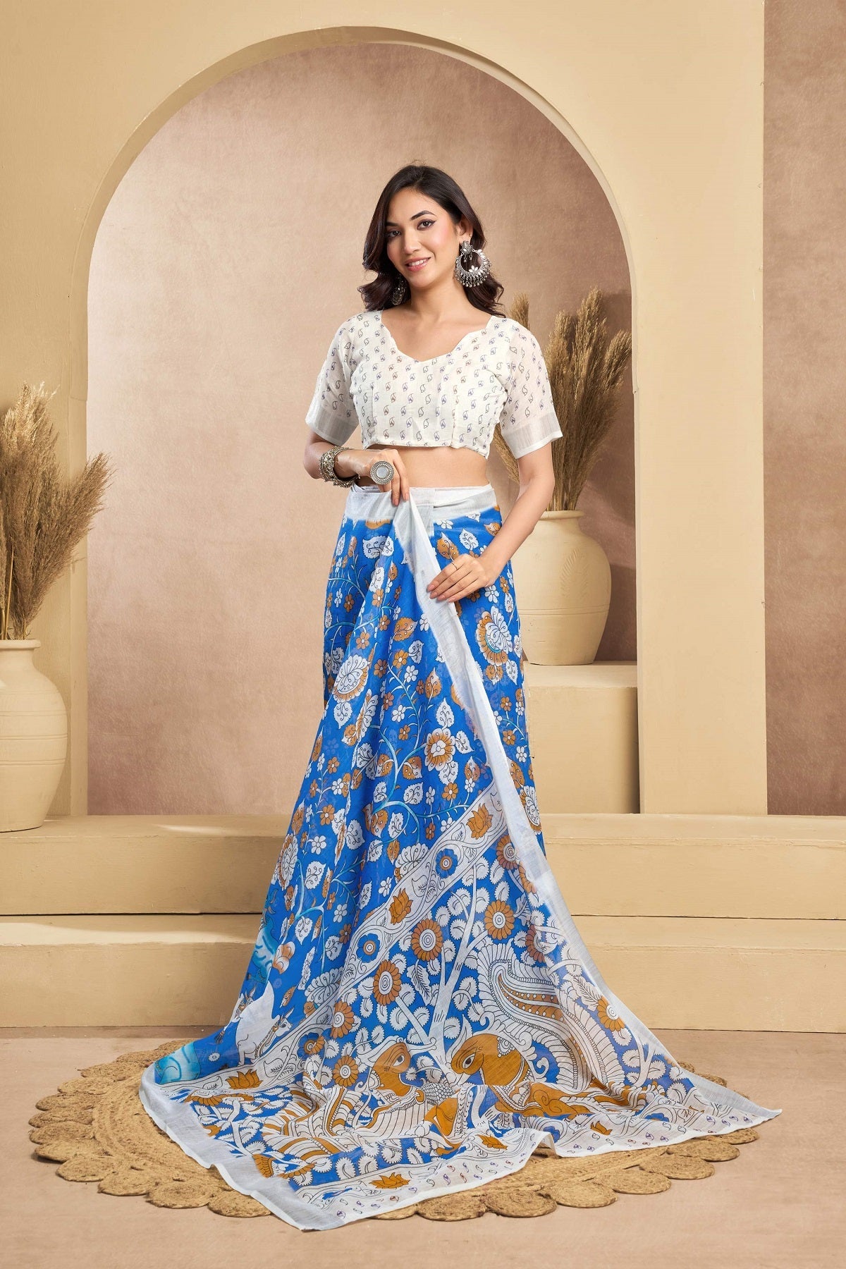 Dwija Fashion Blue Party Wear Printed Linen Ready To Wear Saree With Unstitched Blouse | Grocsy