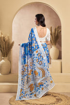 Dwija Fashion Blue Party Wear Printed Linen Ready To Wear Saree With Unstitched Blouse | Grocsy