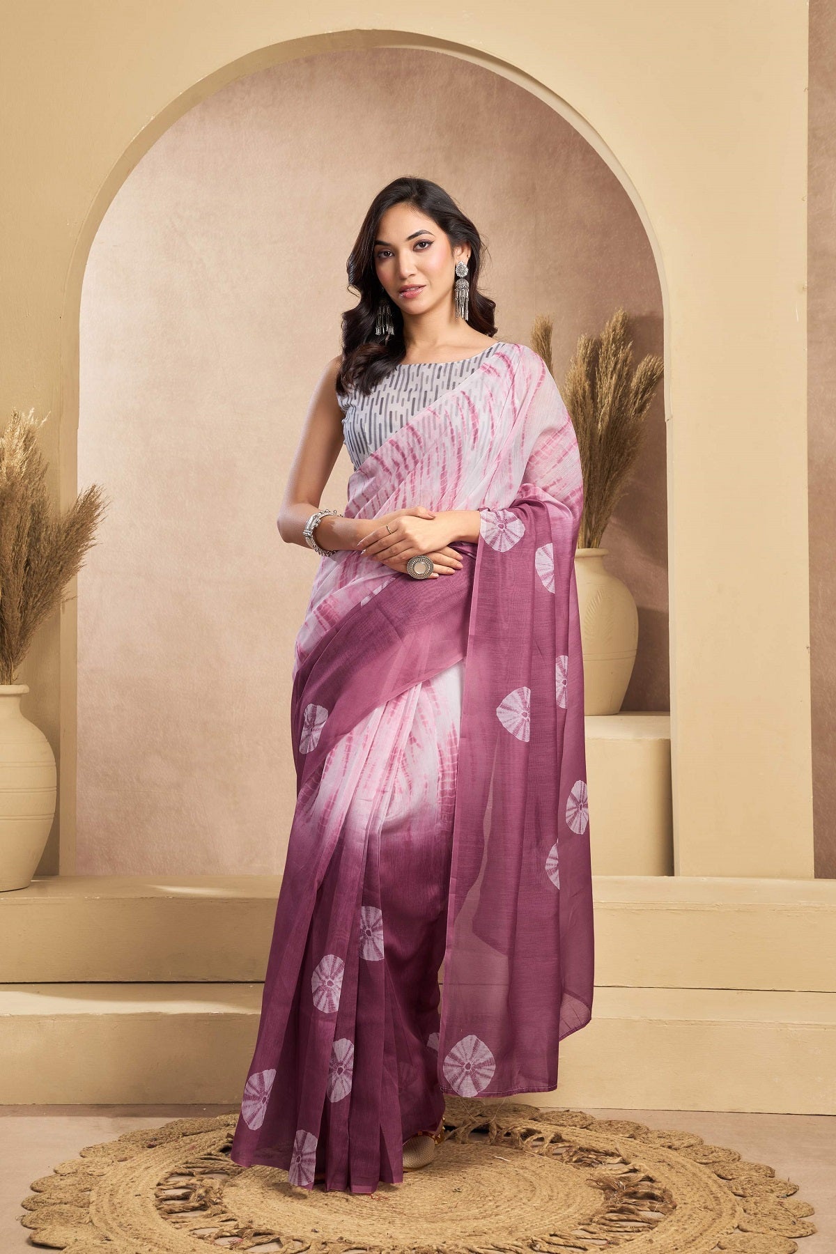 Dwija Fashion Baby pink Party Wear Printed Linen Ready To Wear Saree With Unstitched Blouse | Grocsy