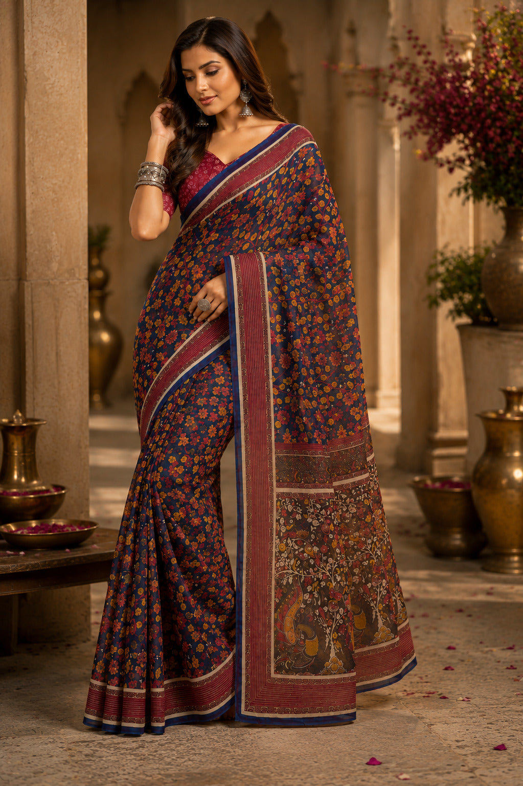 Dwija Fashion Teal Blue Party Wear Printed Linen Ready To Wear Saree With Unstitched Blouse | Grocsy
